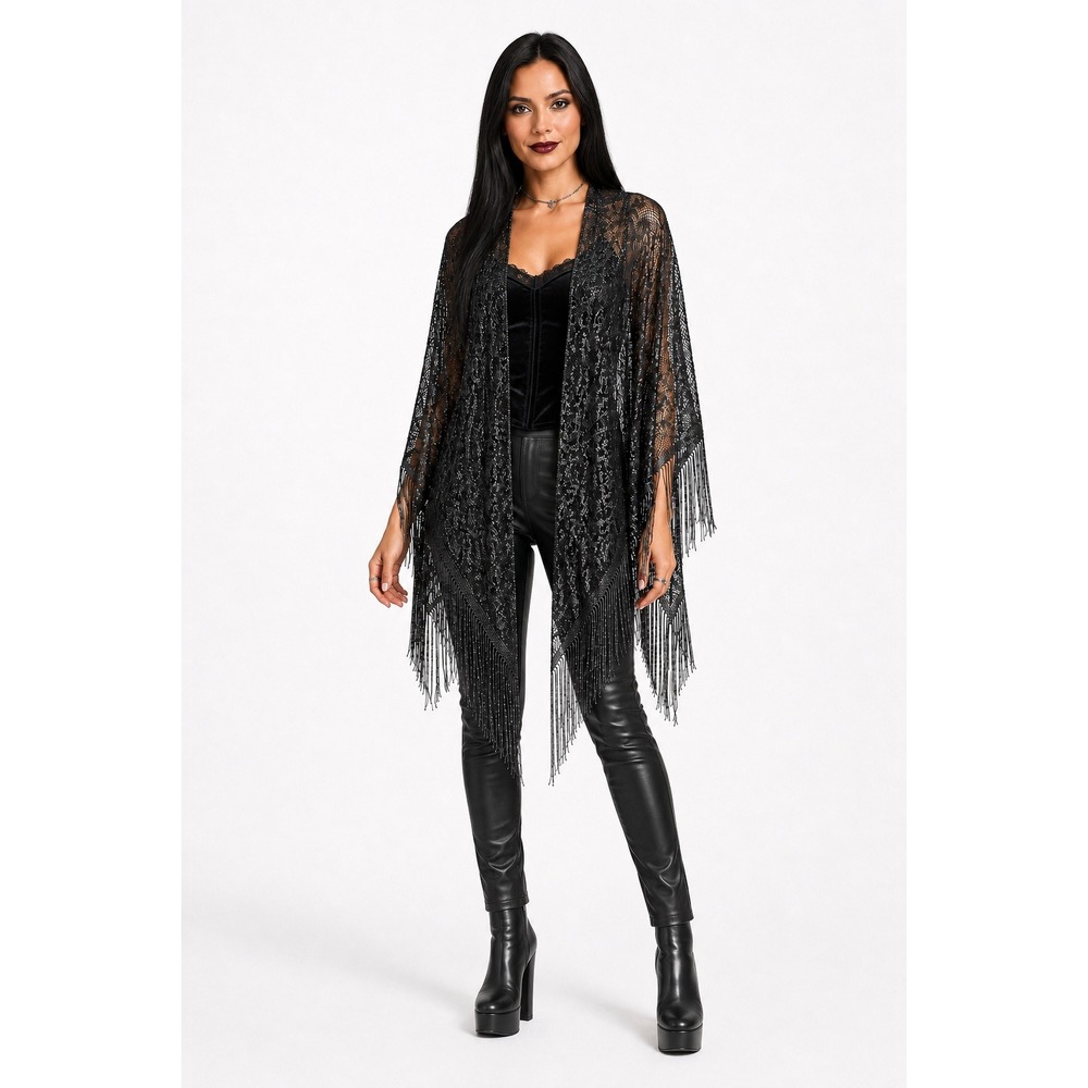 Baar & Beards Metallic Lace Shawl Black Silver Fringe Wrap NEW Goth Boho 114-05